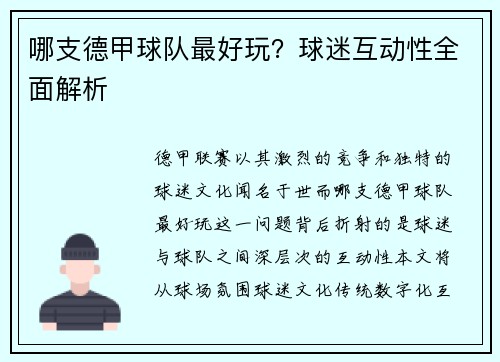 哪支德甲球队最好玩？球迷互动性全面解析